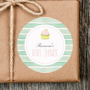 Cute Matcha Cupcake Sage Striped Baby Shower Classic Round Sticker