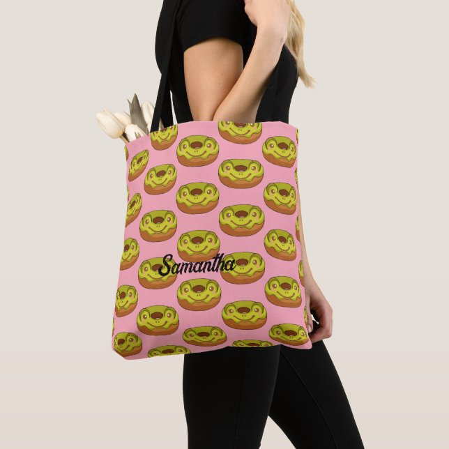 Cute Matcha Frog Doughnut Tote Bag (Close Up)