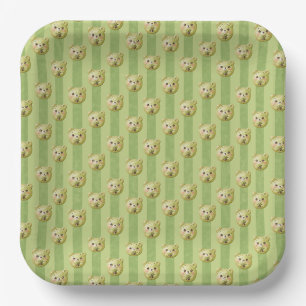 Cute Matcha Green Teddy Bear and Stripe Paper Plate