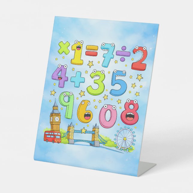 Cute Maths Numbers London Desk Art for Kids Pedestal Sign (Front)