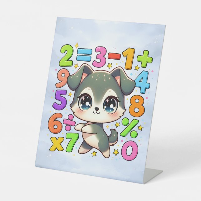 Cute Maths Puppy Numbers Desk Art for Kids Pedestal Sign (Front)