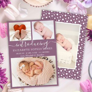 Cute Mauve Girl Birth Announcement Photo Collage