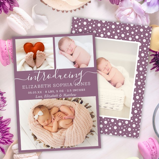 Cute Mauve Girl Birth Announcement Photo Collage (Creator Uploaded)