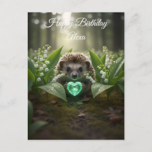 Cute May Hedgehog with Emerald Heart Postcard