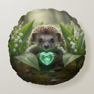 Cute May Hedgehog with Emerald Heart Round Cushion