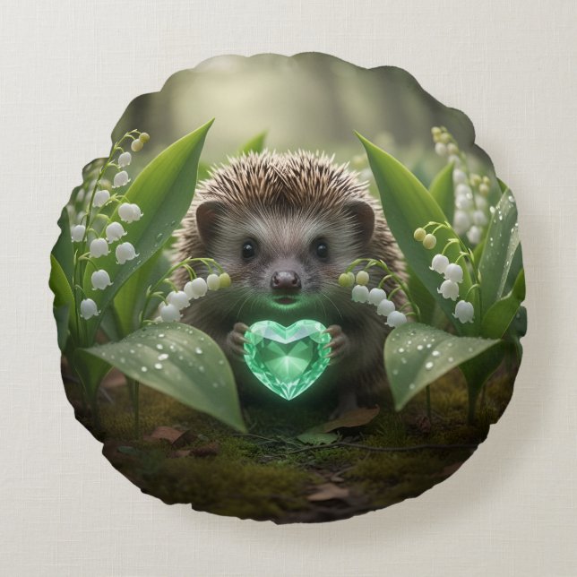 Cute May Hedgehog with Emerald Heart Round Cushion (Front)