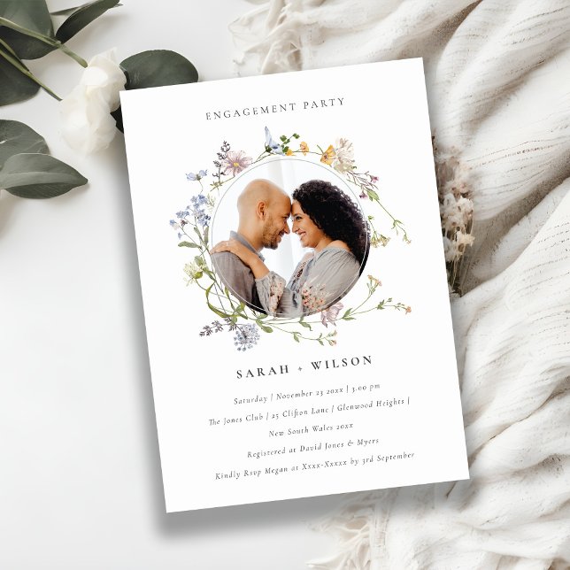 Cute Meadow Floral Wreath Engagement Photo Invite (Creator Uploaded)