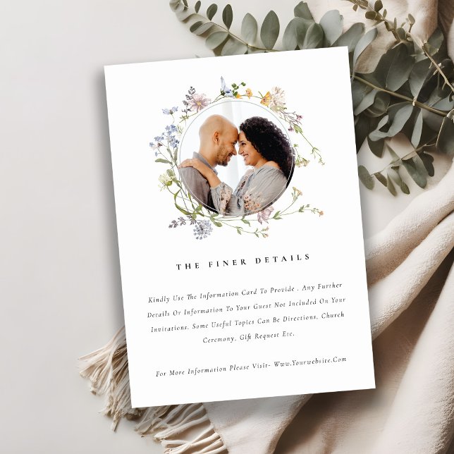 Cute Meadow Floral Wreath Photo Wedding Details Enclosure Card (Creator Uploaded)