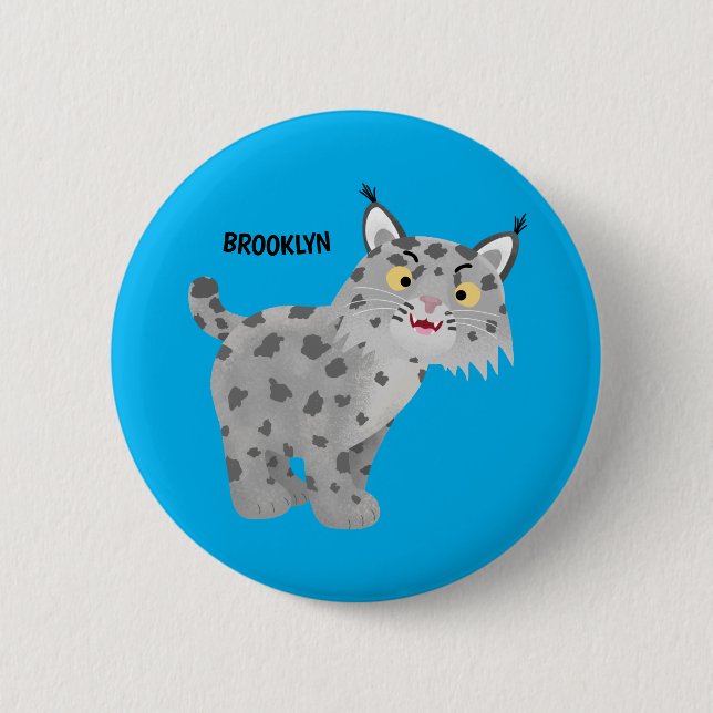 Cute mean bobcat lynx cartoon 6 cm round badge (Front)