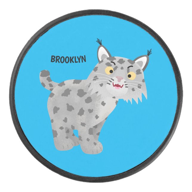 Cute mean bobcat lynx cartoon hockey puck (Front)