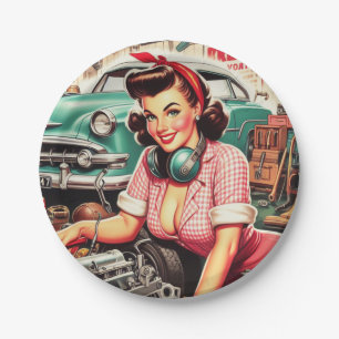 Cute Mechanic Pin-up Paper Plate