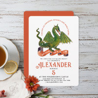 Cute Mediaeval Orange Green Dragon Kids Bday Typo