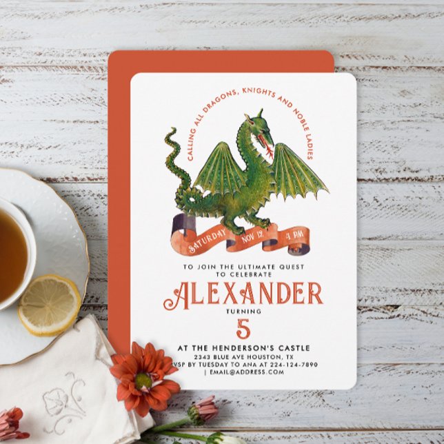 Cute Mediaeval Orange Green Dragon Kids Bday Typo Invitation (Creator Uploaded)