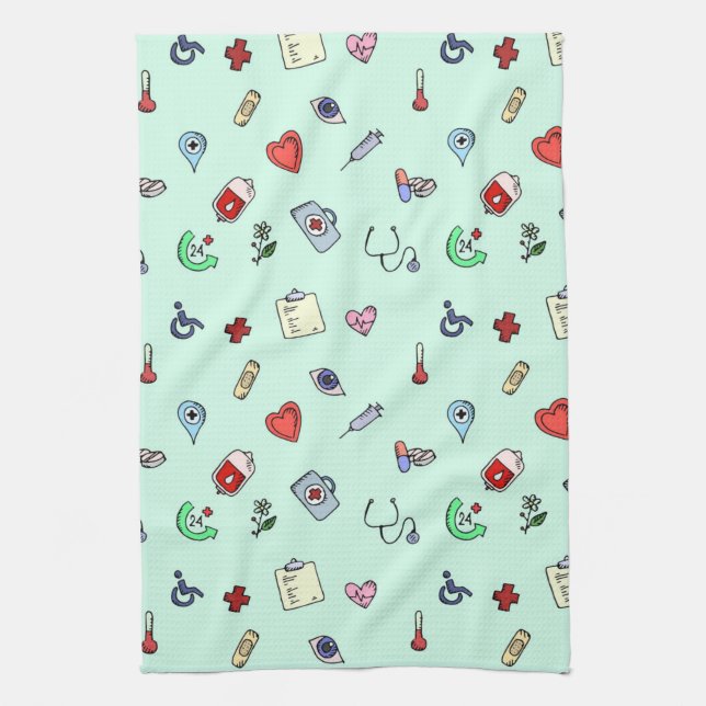 Cute Medical Icon Pattern Tea Towel (Vertical)
