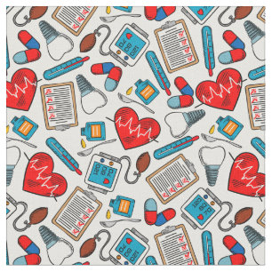 Cute Medical Nurse Doctor Theme Mixed Pattern  Fabric