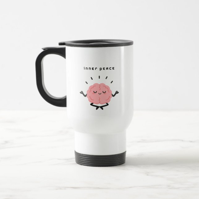 Cute Meditating Brain & Minimalist Inner Peace Travel Mug (Left)