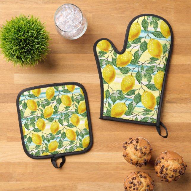 Cute Mediterranean Summer Lemon Fruit Art Pattern Oven Mitt & Pot Holder Set (Top Down)