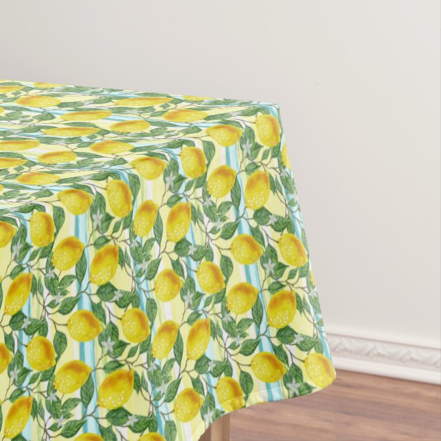 Cute Mediterranean Summer Lemon Fruit Art Pattern Tablecloth (In Situ)