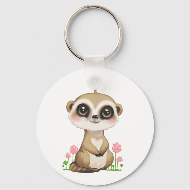 Cute Meerkat and Flowers on White Key Ring (Front)