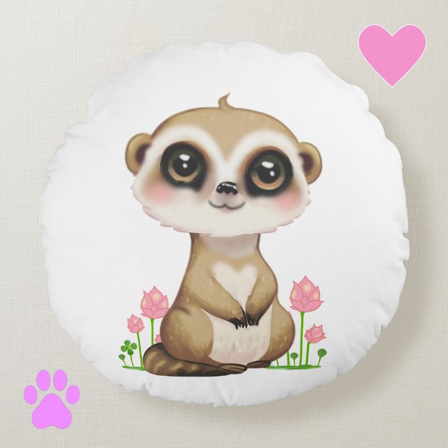 Cute Meerkat and Flowers on White Round Cushion (Creator Uploaded)