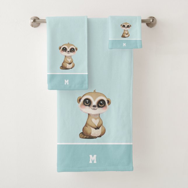 Cute Meerkat & Monogram on Light Blue Bath Towel Set (Insitu)