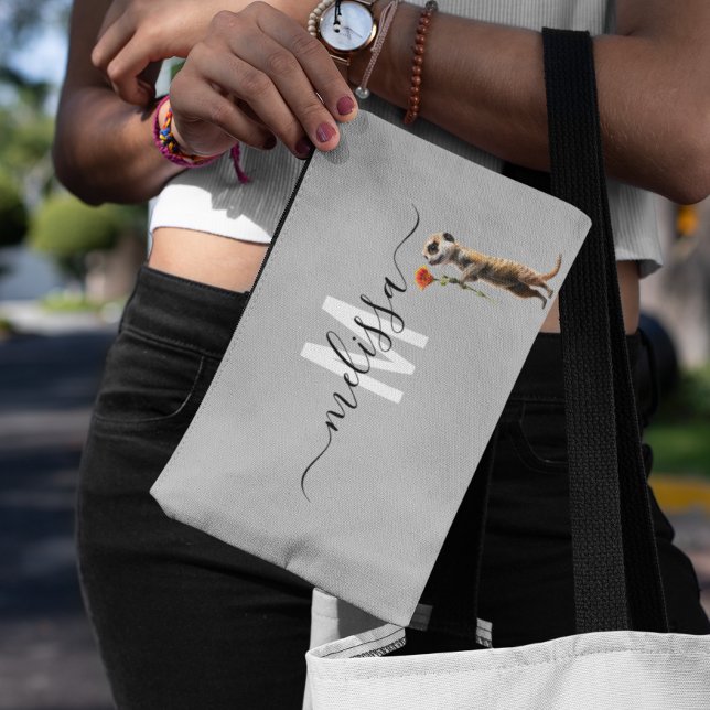 Cute Meerkat Watercolor Monogram Name Accessory Pouch (Creator Uploaded)