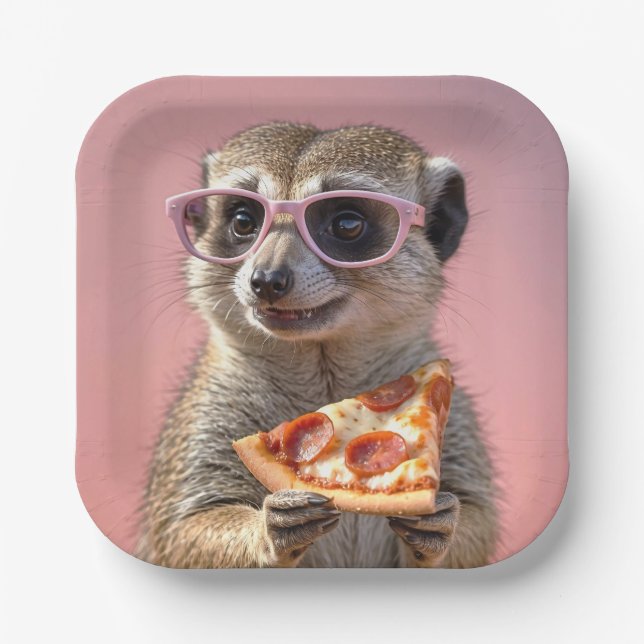 Cute Meerkat With Glasses and Pizza Paper Plate (Front)