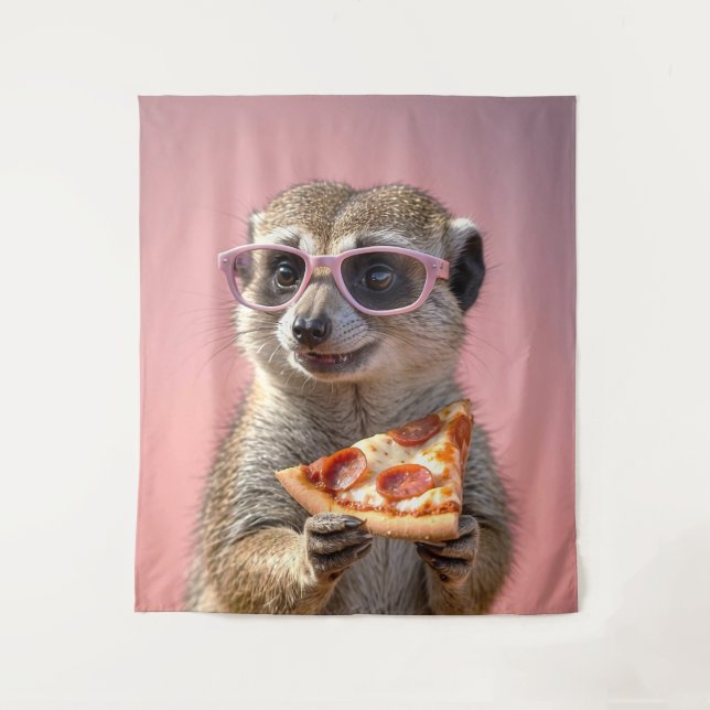 Cute Meerkat With Glasses and Pizza Tapestry (Front)