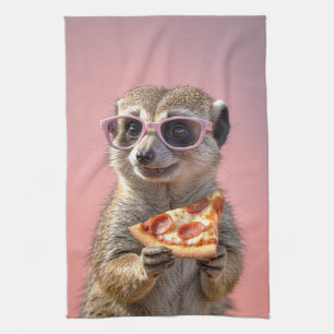 Cute Meerkat With Glasses and Pizza Tea Towel