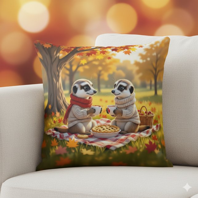 Cute Meerkats in Autumn Attire at a Picnic Cushion (Meerkats in Autumn Attire Throw Pillow Cover Photo)