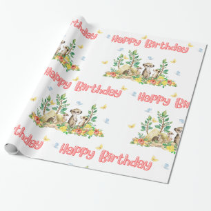 Cute Meerkats Kids Animals Glossy Happy Birthday Wrapping Paper