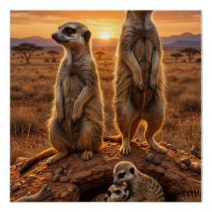 Cute Meerkats Standing In Desert Landscape Wildlif Poster