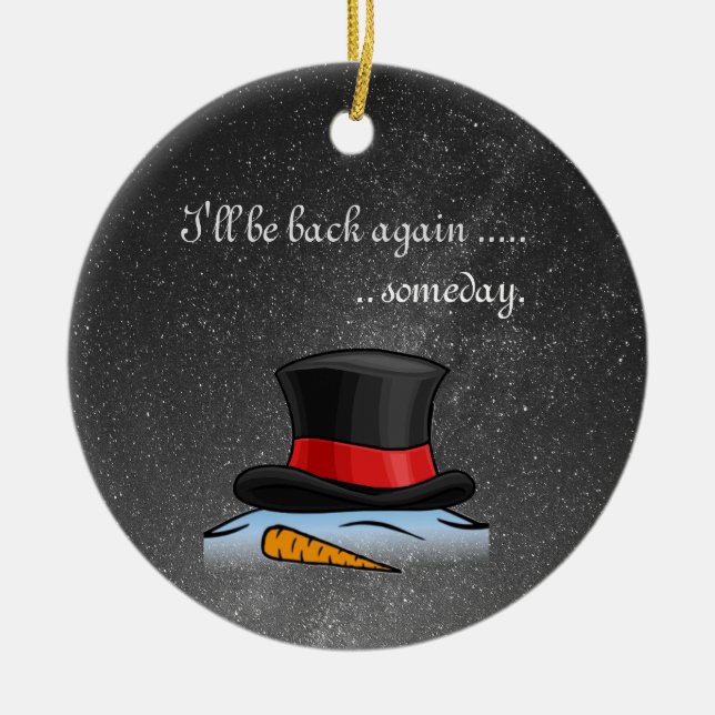 Cute melted Snowman Old Silk Top Hat Ceramic Tree Decoration (Front)