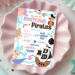 Cute Memaid and Pirates Joint Birthday invitation
