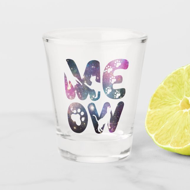 Cute Meow Cat Silhouettes and Cat Paw Prints Shot Glass (Front)
