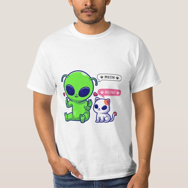 CUTE MEOW CAT WITH ALIEN  T-Shirt (Front)