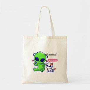 CUTE MEOW CAT WITH ALIEN  TOTE BAG