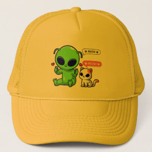 CUTE MEOW CAT WITH ALIEN TRUCKER HAT