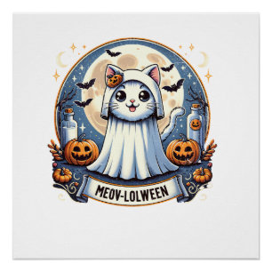 Cute Meow-lolween Cat in Ghost Costume Halloween A Poster