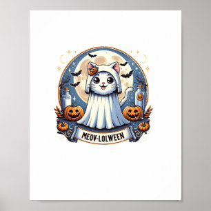 Cute Meow-lolween Cat in Ghost Costume Halloween A Poster