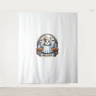 Cute Meow-lolween Cat in Ghost Costume Halloween A Tapestry