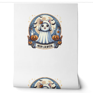 Cute Meow-lolween Cat in Ghost Costume Halloween A Wallpaper