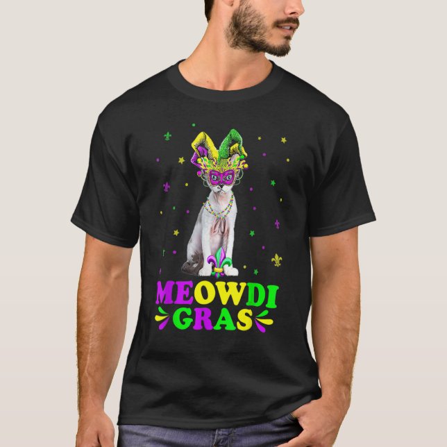 Cute Meowdi Gras Devon Rex Cat Carnival Mask Mardi T-Shirt (Front)