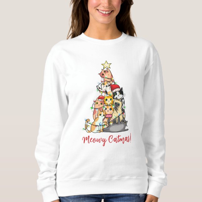 Cute Meowy Catmas Cat Christmas Tree Sweatshirt (Front)