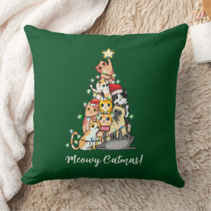 Cute Meowy Catmas Cats Christmas Tree Green Cushion
