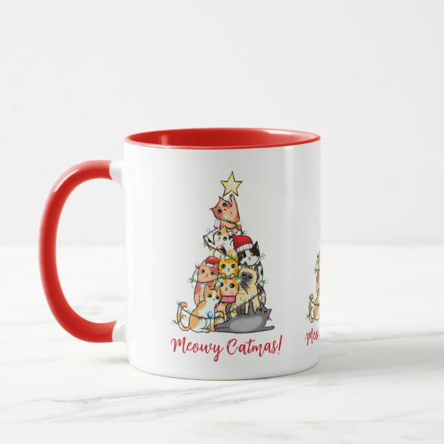 Cute Meowy Catmas Cats Christmas Tree Mug (Left)