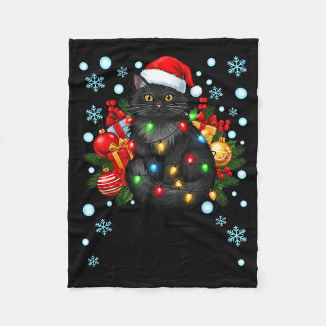 Cute Meowy Christmas Black Cat Santa Hat Xmas Wome Fleece Blanket (Front)