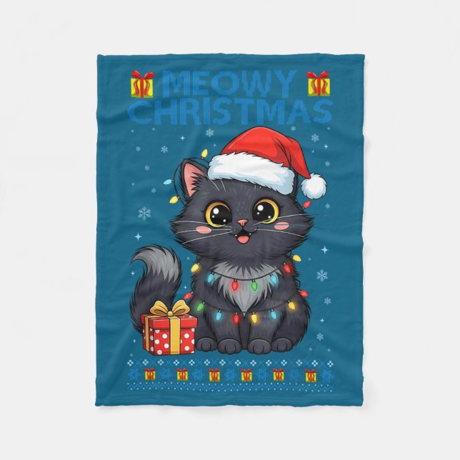 Cute Meowy Christmas Cat – Kawaii Holiday Kitty Te Fleece Blanket (Front)