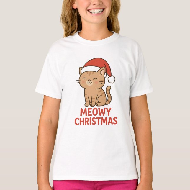 Cute Meowy Christmas Cat Santa Hat T-Shirt (Front)