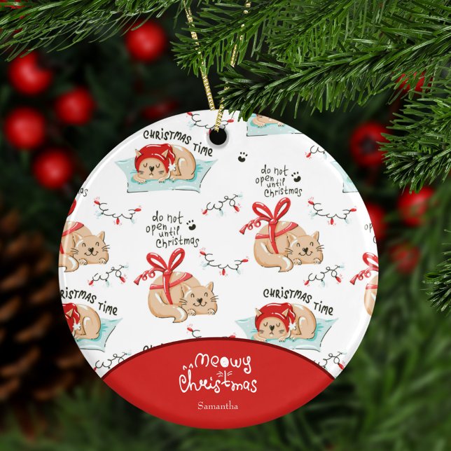 Cute Meowy Christmas Cat with First Name Christmas Ceramic Tree Decoration (Creator Uploaded)
